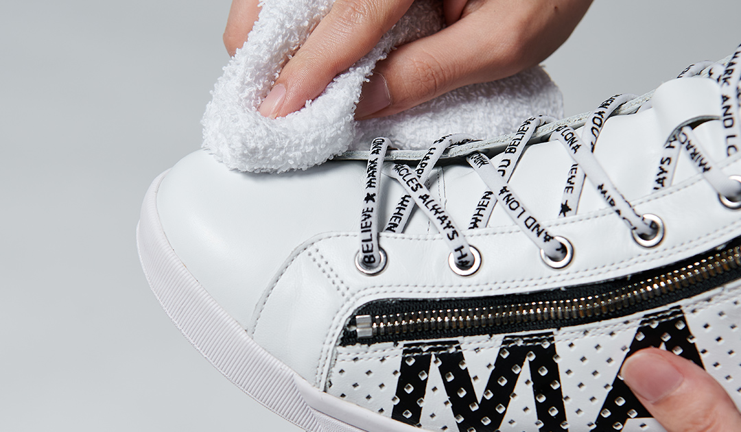 For the best results, first remove any excess dirt or residue from the shoe surface.