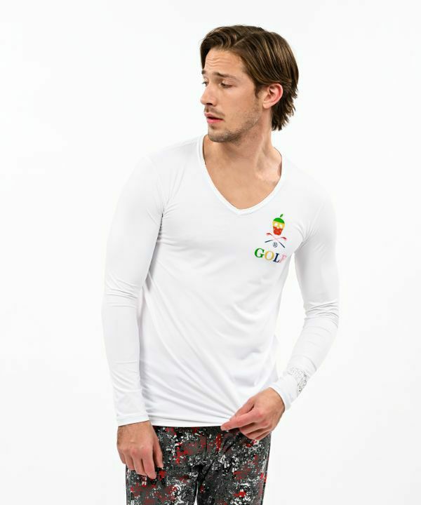 Model:身長182cm,チェスト96cm,ウエスト77cm,着用サイズL